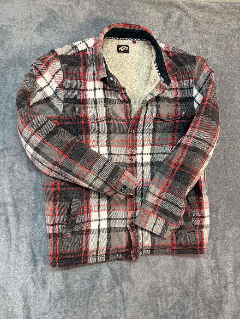 Vans Off The Wall Sherpa Lined Plaid Flannel Shacket Jacket Red Gray XL heavy